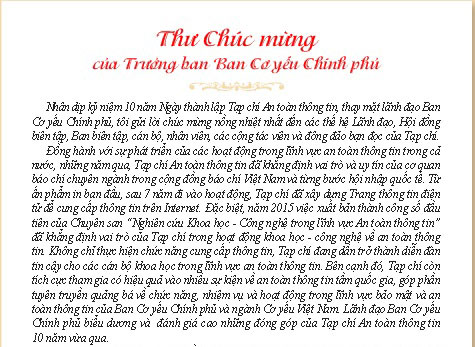 Thư Chúc mừng của Trưởng ban Ban Cơ yếu Chính phủ